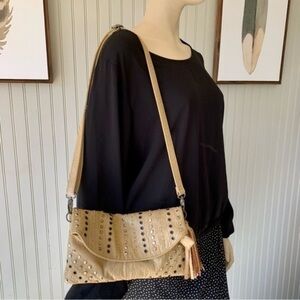 Big Buddha Studded Crinkle Leather Tan Crossbody Shoulder Bag